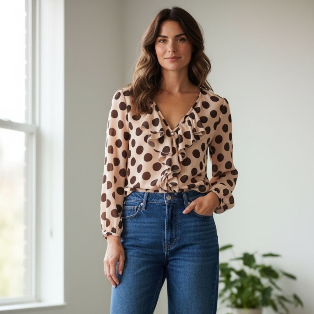 NWT Italian Polka Dot Ruffle Crepe Blouse - Cream & Brown Size: Small